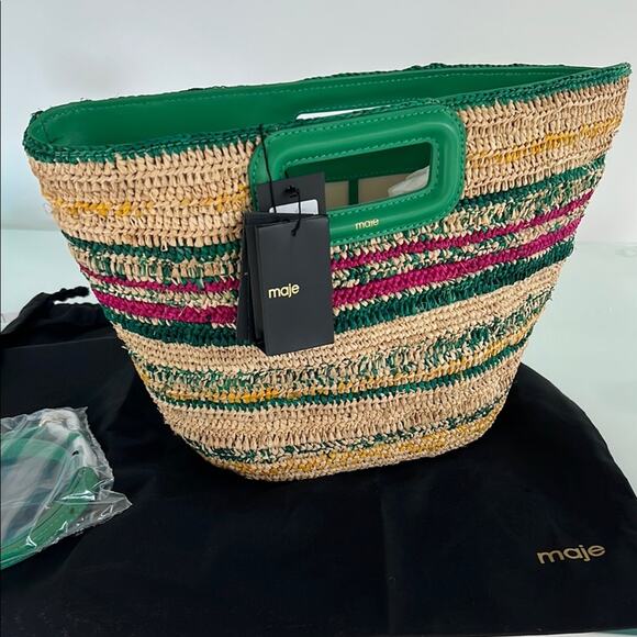 NWT $385 MAJE Vert Casino leather straw bag w/ strap and top handle - Picture 16 of 16